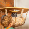 Katze schaut aus einer Freestyle kratzbaum-hängematte mit kleinem jungen