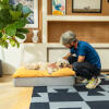 Hund wird gestreichelt, während er auf dem Omlet Topology hundebett mit sitzsackauflage liegt