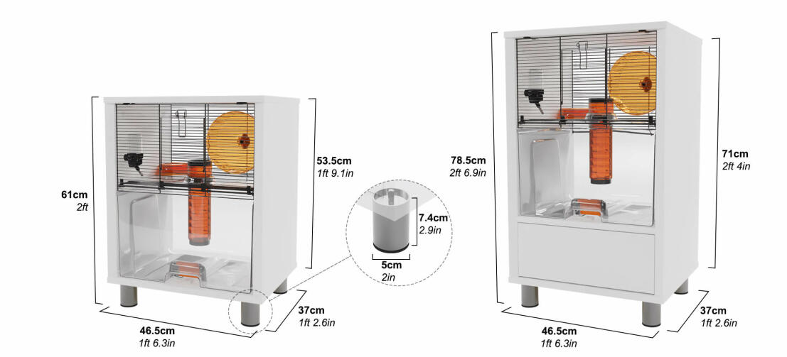 Die Abmessungen für den Qute Hamsterkäfig – mit und ohne Stauraum.