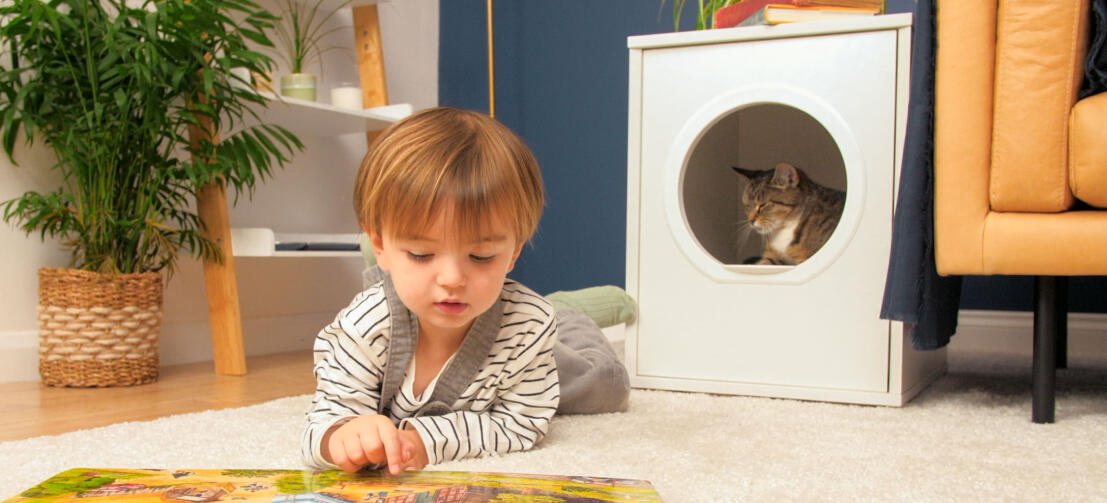 Niedliche katze in Omlet Maya katzenhaus mit kind, das sich davor hinlegt und ein buch liest