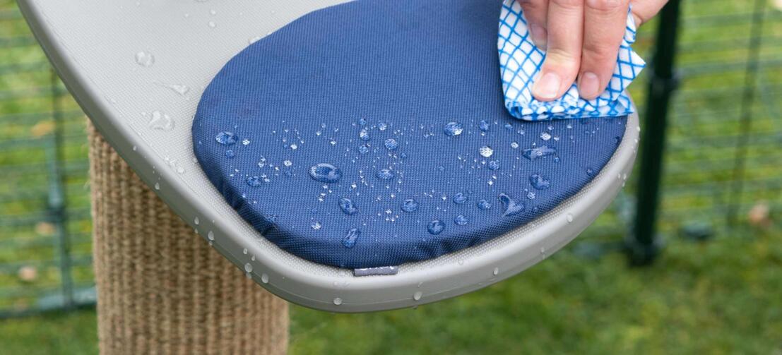 Reinigung einer outdoor-treppe mit blauem kissen, das sie zu einer wasserdichten outdoor-katzengymnastik macht