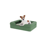 Hund sitzt auf einem kleinen salbeigrünen memory-foam-hundebett