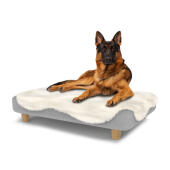 Hund sitzt auf einem großen Topology hundebett mit schafsfellauflage und runden holzfüßen
