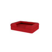 Ein rotes hundebett mit nackenrolle auf weißem hintergrund.