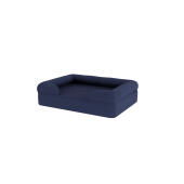 Ein dunkelblaues memory-foam-hundebett mit nackenrolle.