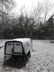 Einen großen Cube hühnerstall in einem garten, der mit Snow