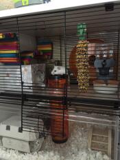 Ein kleiner weißer hamster in einem Qute hamsterkäfig mit viel spielzeug und zubehör im inneren