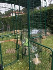 Die offene tür eines grünen auslaufs mit einer abdeckung in einem garten