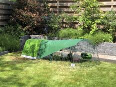 Ein grüner hühnerstall und ein auslauf mit Überdachung, in einem garten