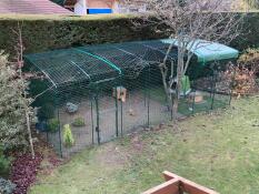 Ein großer begehbarer auslauf in einem garten für hühner