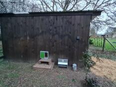 Tür Omlet auf einem großen holzstall installiert. innerhalb von 15 minuten waren meine hühner sicher und ich erleichtert, dass ich mich nicht mehr um das Öffnen und schließen kümmern musste.
