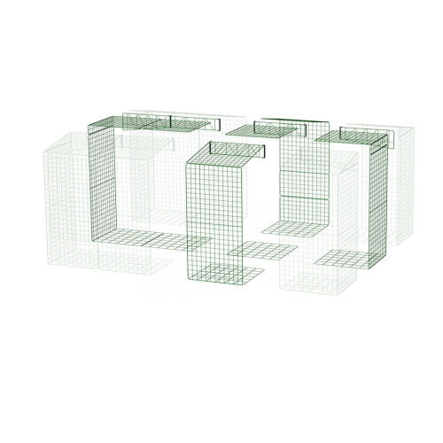 Ein diagramm eines begehbaren auslaufs mit unterflurnetz, das sich von einem 3x2x2 zu einem 4x3x2 ändert