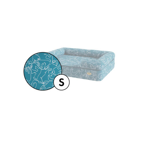 Kleine nackenrolle hund bettbezug in teal doodle dog print by Omlet.