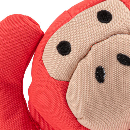 Nahaufnahme vom Hundespielzeug in Form eines roten Affen