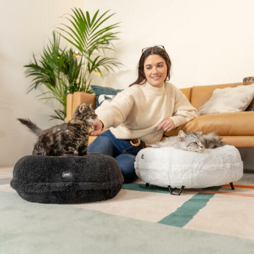 Zwei Katzen sitzen auf den Donut Katzenbetten in Earl Grey und Schneeball-Weiß mit Designer-Füßen