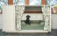 Ein kleiner schwarzer hund auf einem grünen polsterbett in einem Fido Studio mit einem kleiderschrank und vorhängen davor