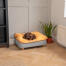 Dackel liegt auf Omlet Topology hundebett mit sitzsackauflage und quadratischen holzfüßen