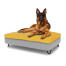 Hund sitzt auf einem großen Topology hundebett mit sitzsackauflage und schwarzen metall-haarnadelfüßen Hund sitzt auf einem großen Topology hundebett mit sitzsackauflage und schwarzen metall-haarnadelfüßen