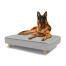 Hund sitzt auf einem großen Topology hundebett mit gestepptem topper und runden holzfüßen Hund sitzt auf einem großen Topology hundebett mit gestepptem topper und runden holzfüßen