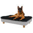 Deutscher schäferhund sitzt auf dem großen Topology erhöhten hundebett Deutscher schäferhund sitzt auf dem großen Topology erhöhten hundebett