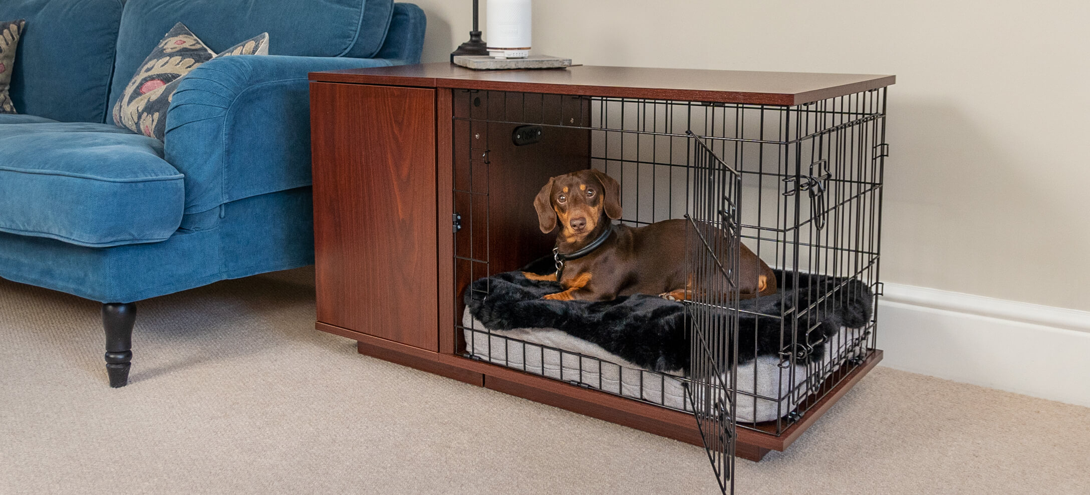 A dog crate creates a safe space for Fido, away from the hustle and bustle of the household
