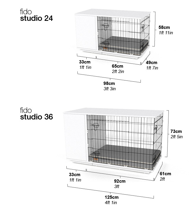 Übersicht der Abmessungen der Fido Studio Hundeboxen.