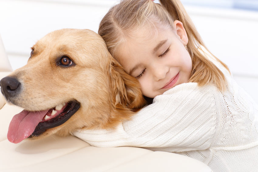 Ein kleines Mädchen umarmt ihren Golden Retriever