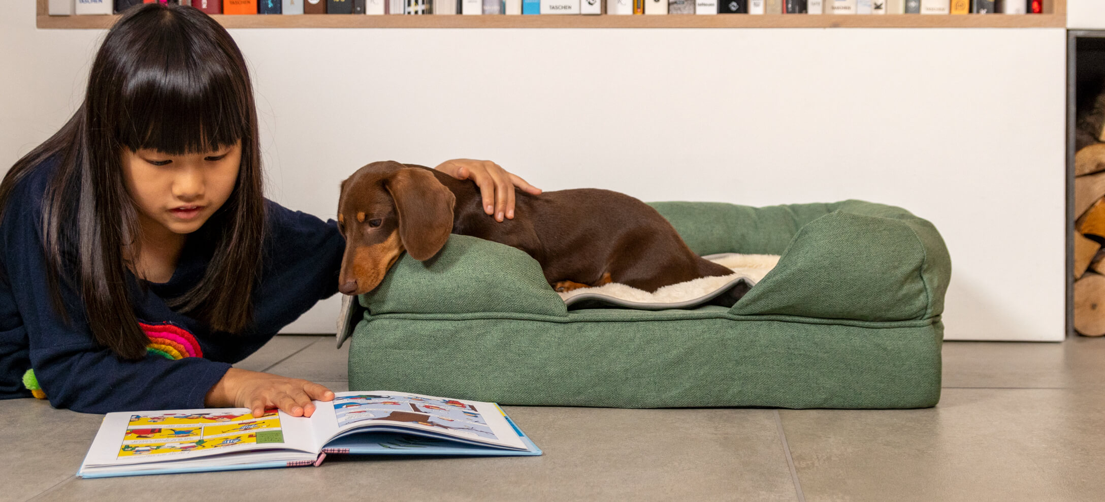 Ein Mädchen mit ihrem Dackel, der auf dem Omlet Hundesofa liegt