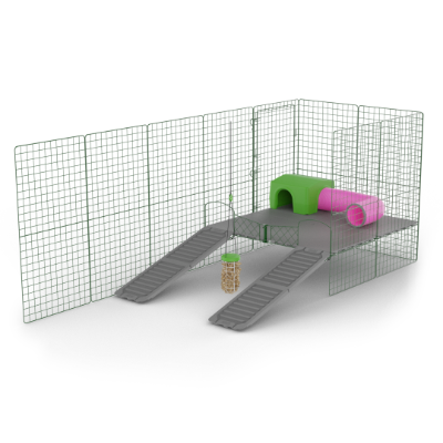 Zippi Meerschweinchen Plattformen - 4 Platten mit grünem Unterschlupf, Spieltunnel und Caddi Futterkorb
